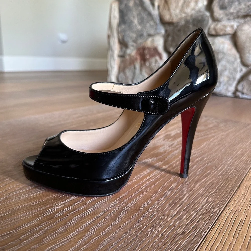 Authentic Christian Louboutin Black Patent Mary Jane Peep Toe Platform Heels